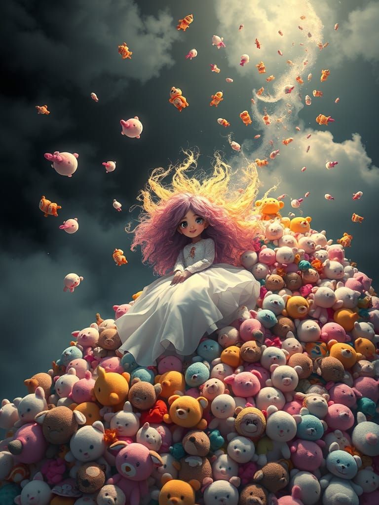 Anime Girl in Plushie Mountain Dreamscape