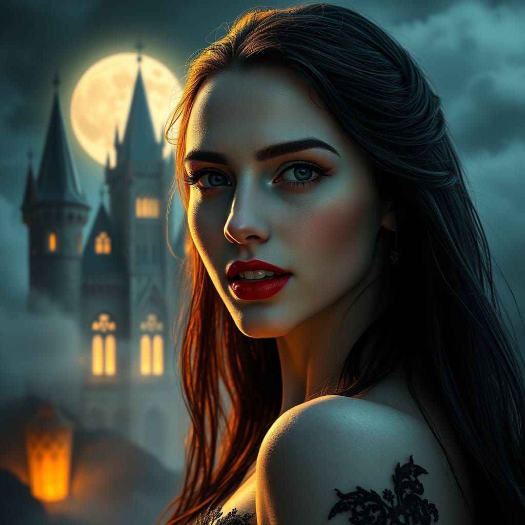 Ethereal Vampire Portrait in Art Nouveau Style