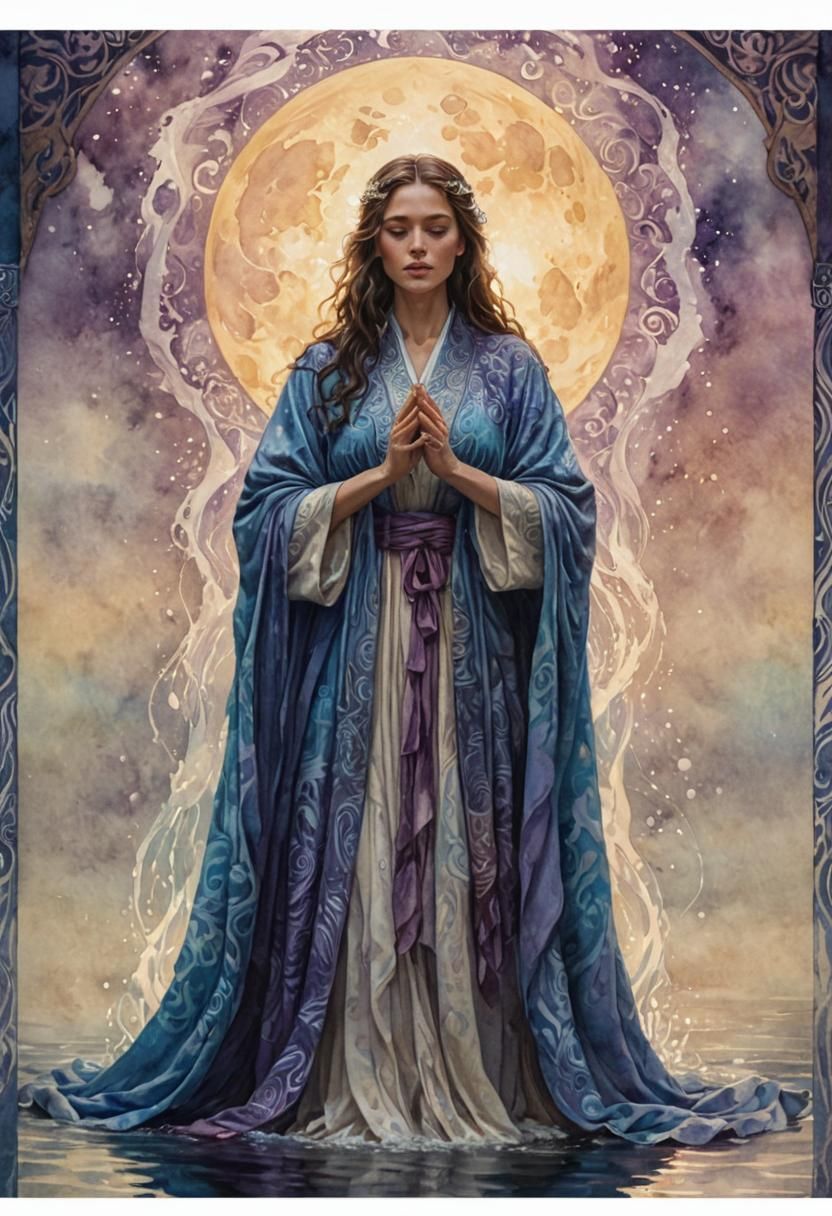 Mystical Healer in Flowing Robes: Watercolor Fantasy Art