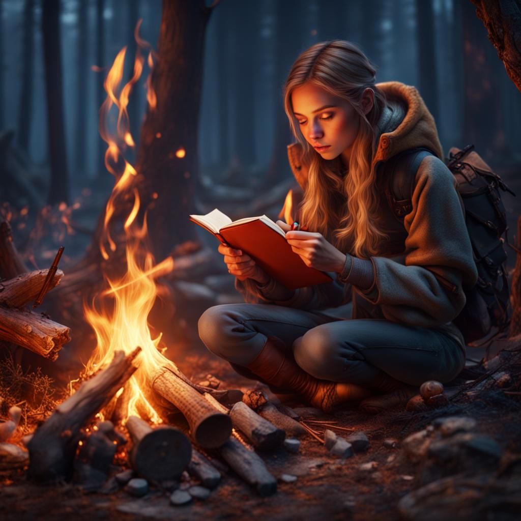 Girl Writing by Campfire: Fantasy Concept Art