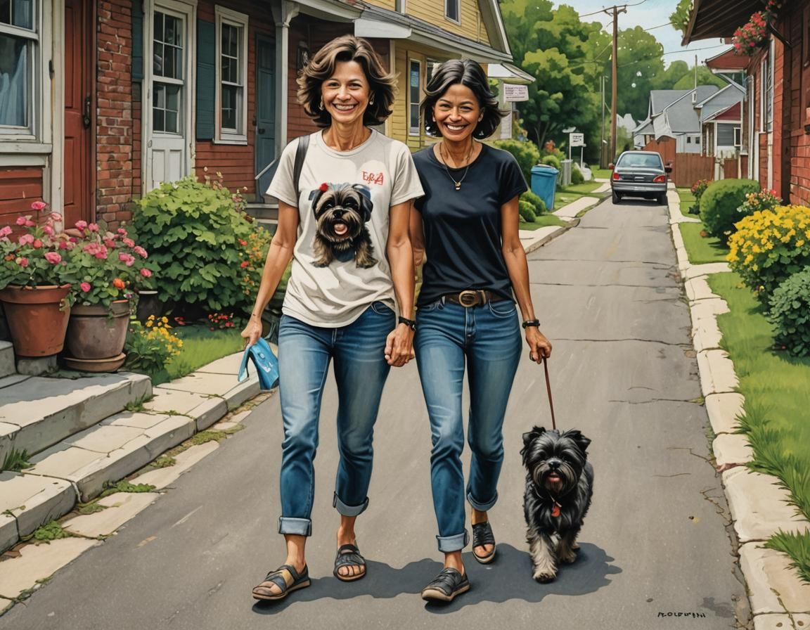 Woman Walks Dogs: Detailed Colored Ink Illustration