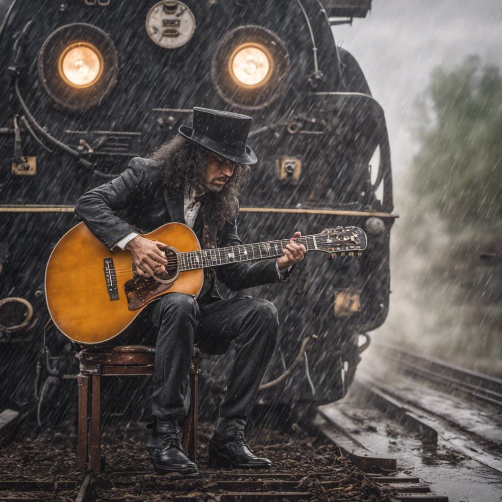 Guitarist's Freight Train Serenade in Hyperrealistic Style
