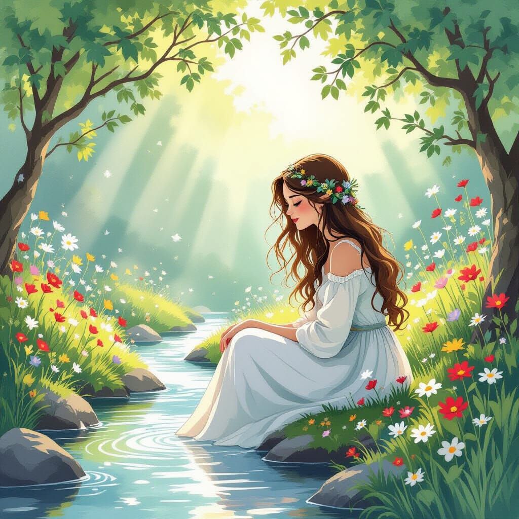 Serene Woman with Vine Hair by Stream