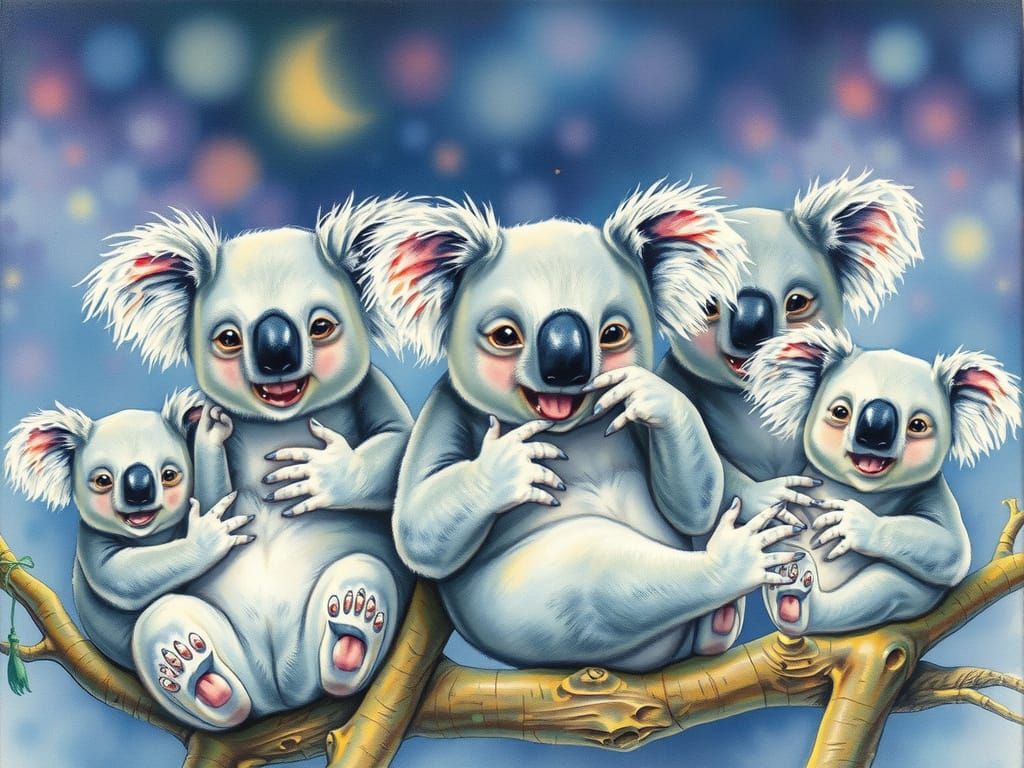 Joyful Giant Koalas in Noctilucent Light Watercolor