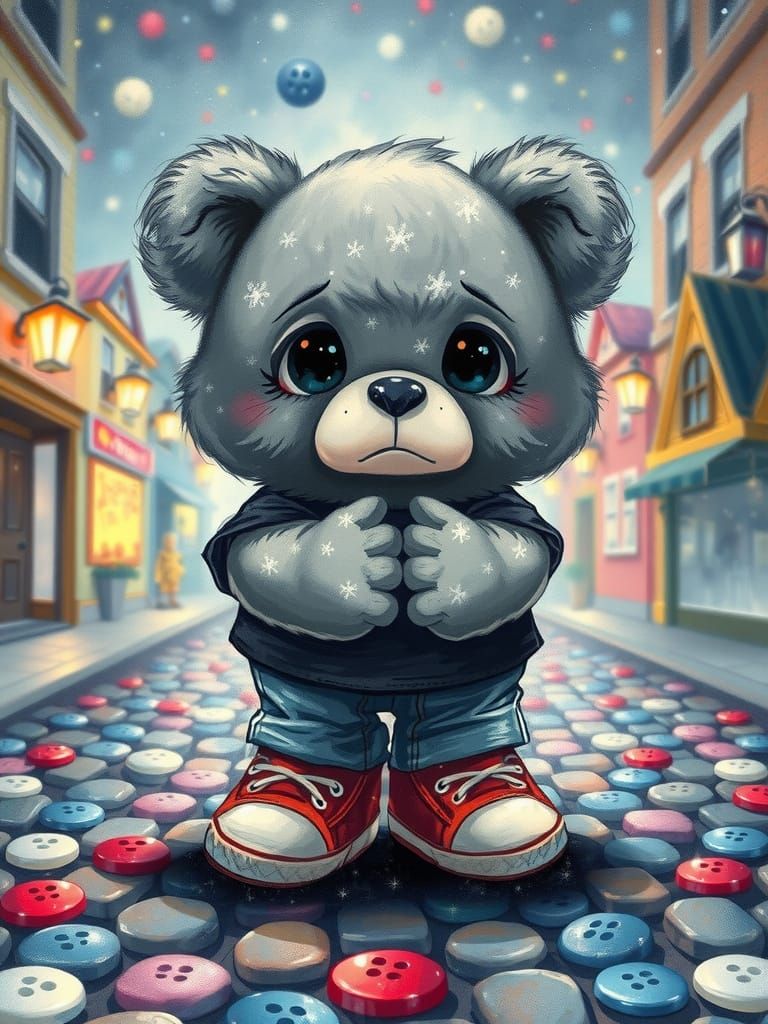 Whimsical Watercolor Teddybear in a Dreamy Street Scene
