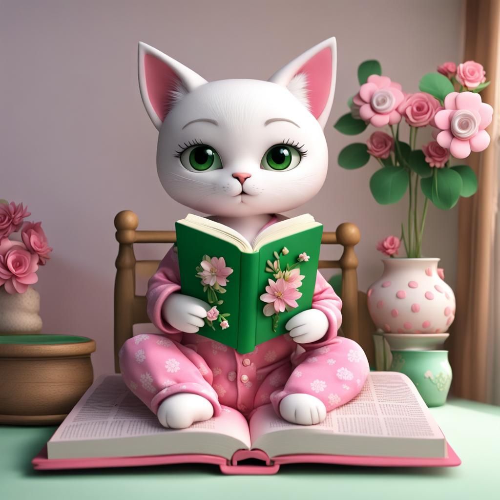 Child Reading with Cat: 3D Digital Art