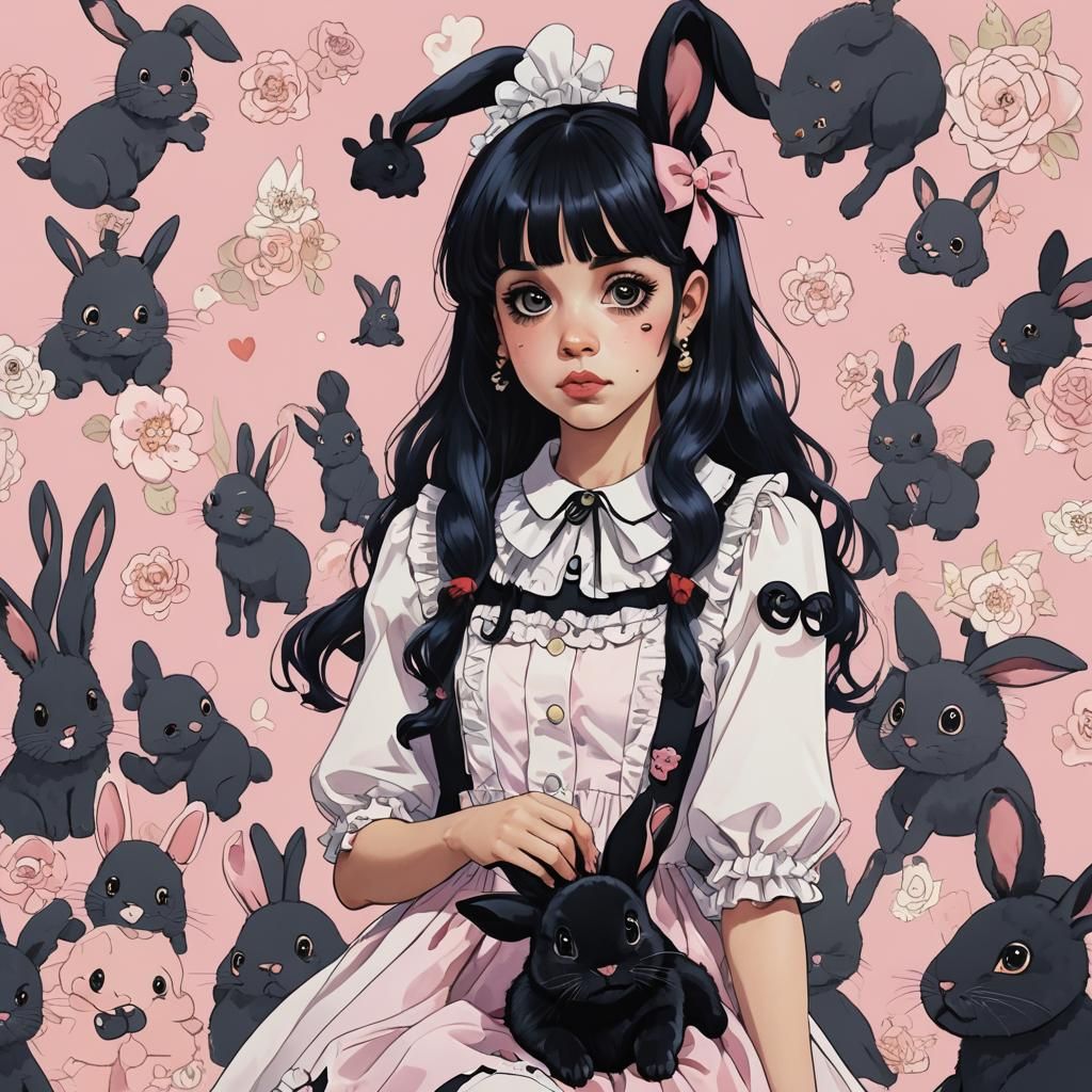 Melanie Martinez with Black Bunny in Anime Style