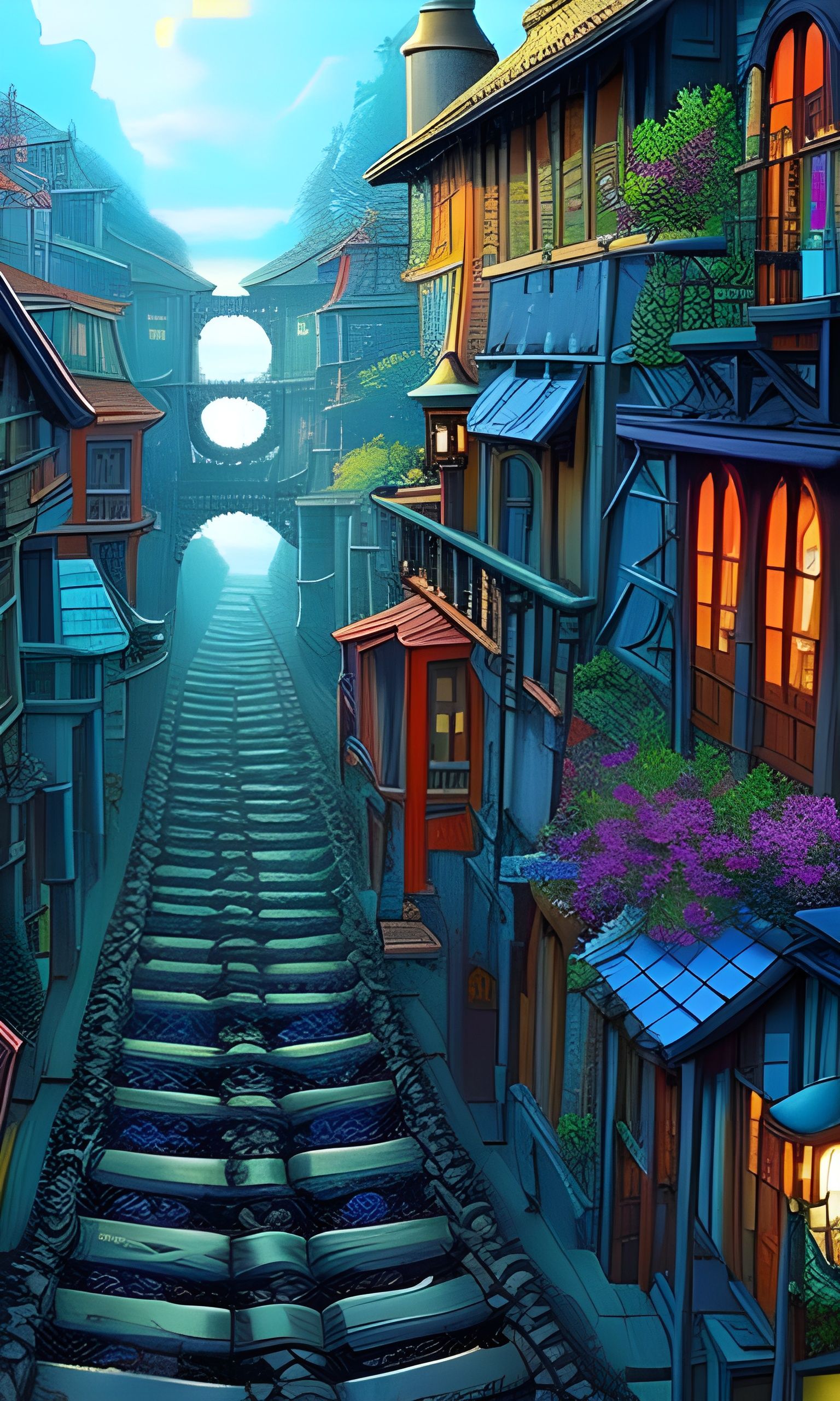 Colorful Steam Train Through Whimsical Town, Comic Book Art