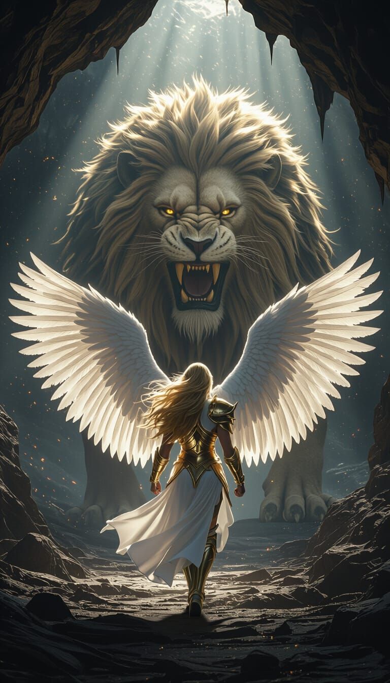Warrior Angel Confronts Colossal Lion in Mystical Cave