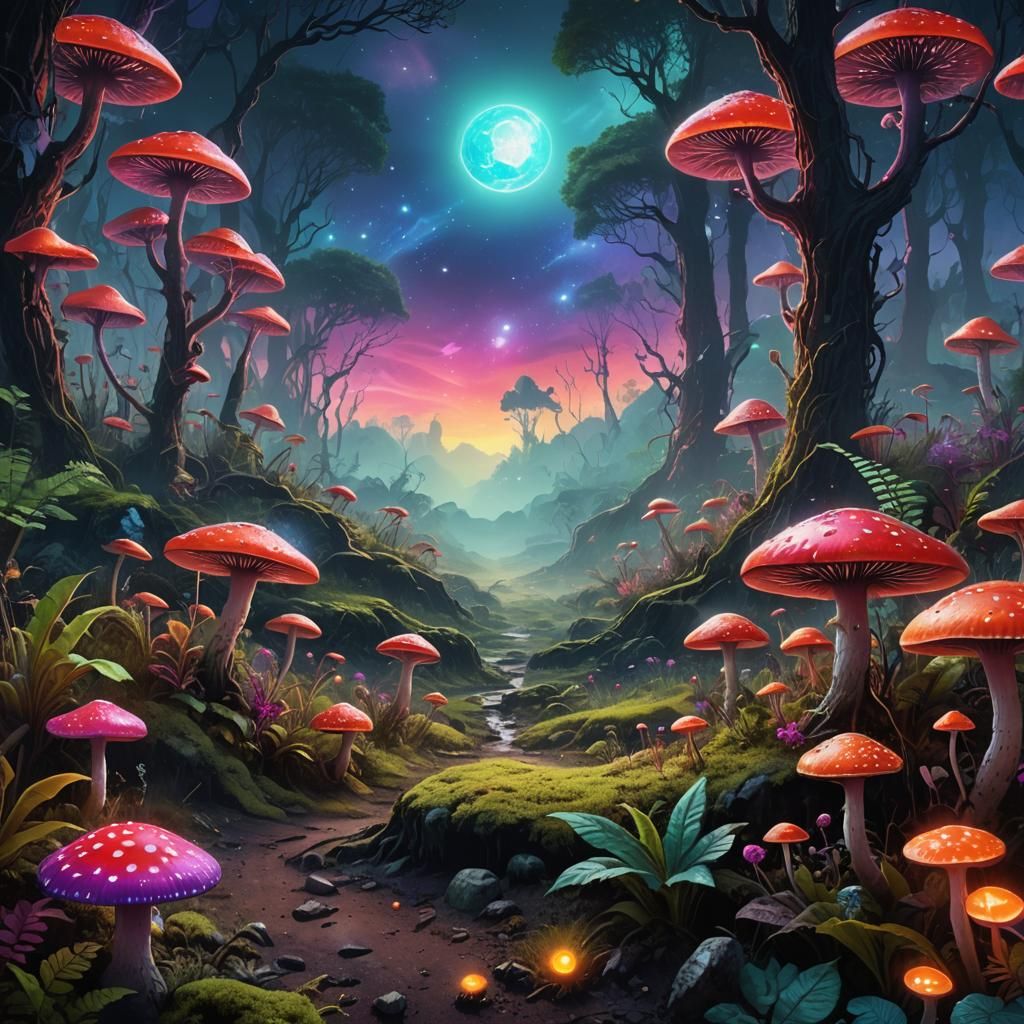 Alien Forest with Neon Toadstools, Cosmic Illustration