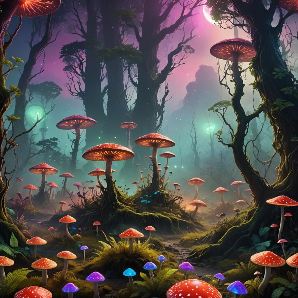 Lush Alien Forest with Ringed Planet