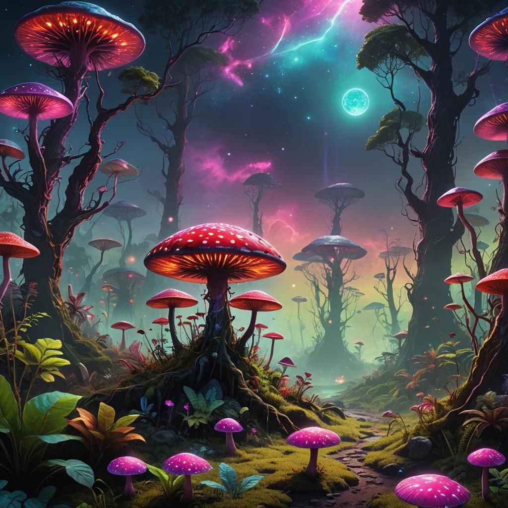 Lush Alien Forest with Ringed Planet