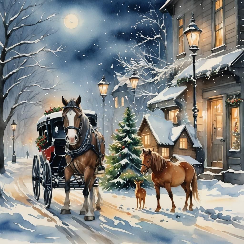 Watercolor Clydesdale Christmas Carriage in Snow
