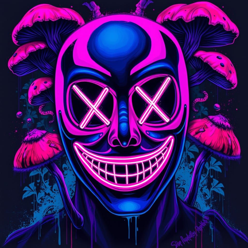 Surreal Dark Fantasy Portrait with Neon Mask and Mushrooms