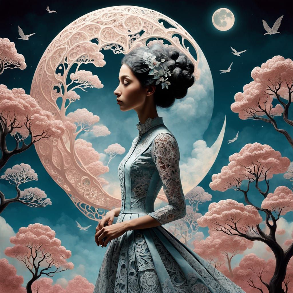 Dreamlike Female Figure in Fractal Landscape under Glowing M...