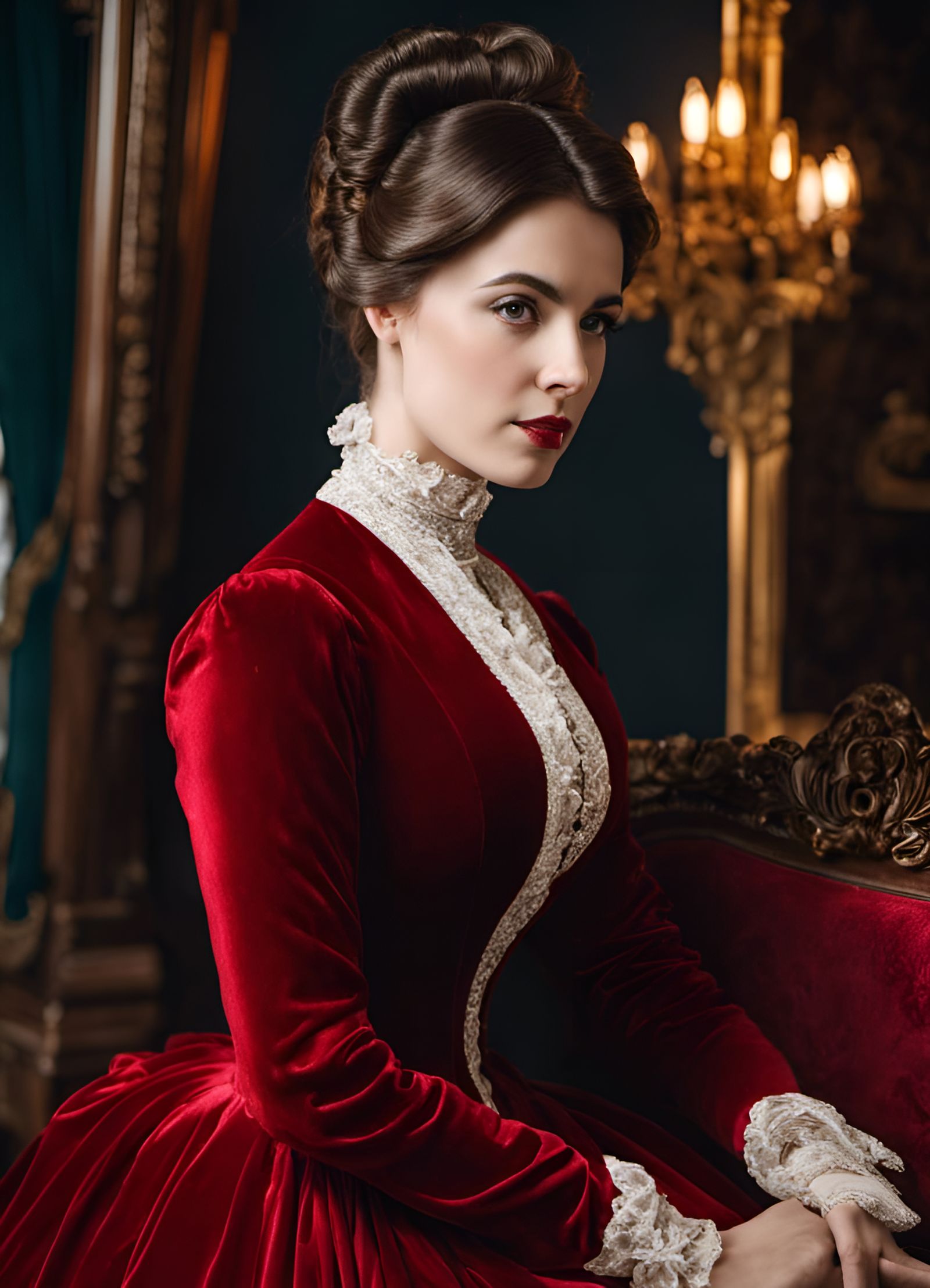 Victorian Woman in Red Velvet Dress Portrait