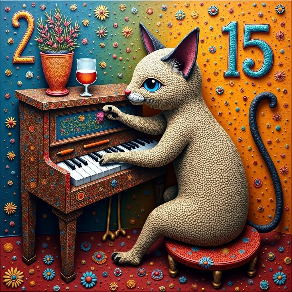 Folk-Art Siamese Cat Celebrates New Year in Whimsical Piano....