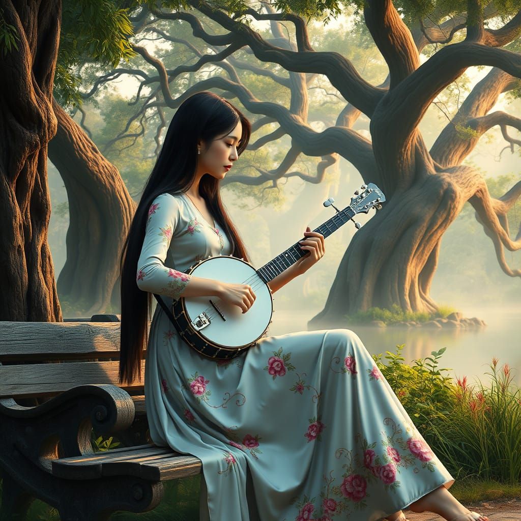Ethereal Lady Plays Banjo in Misty Chinese Park
