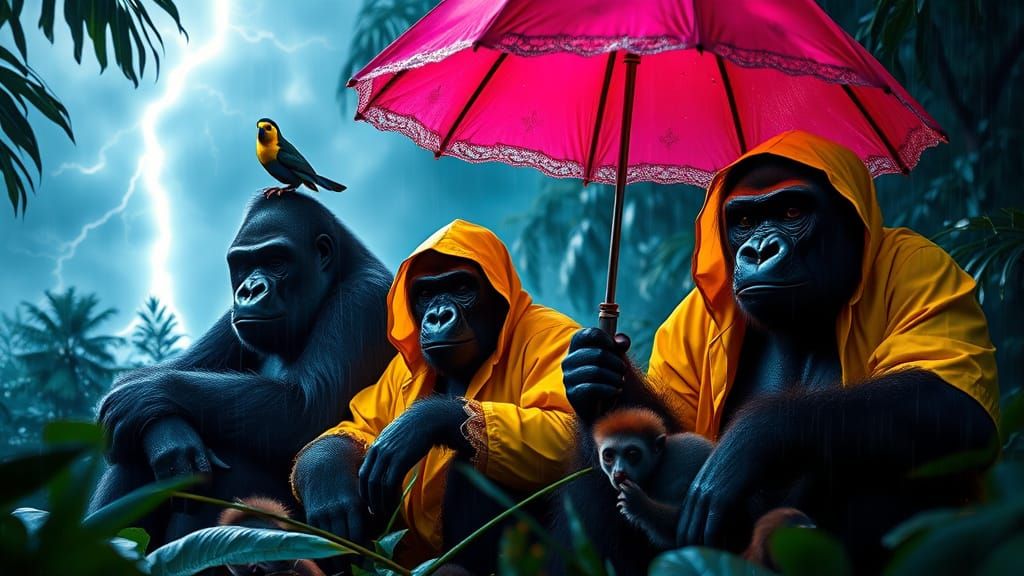 Gorillas in Raincoats Under Bioluminescent Sky