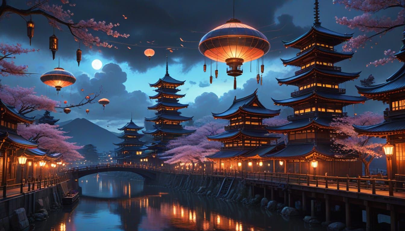 Steampunk Futuristic Japan with Pagodas and Samurai