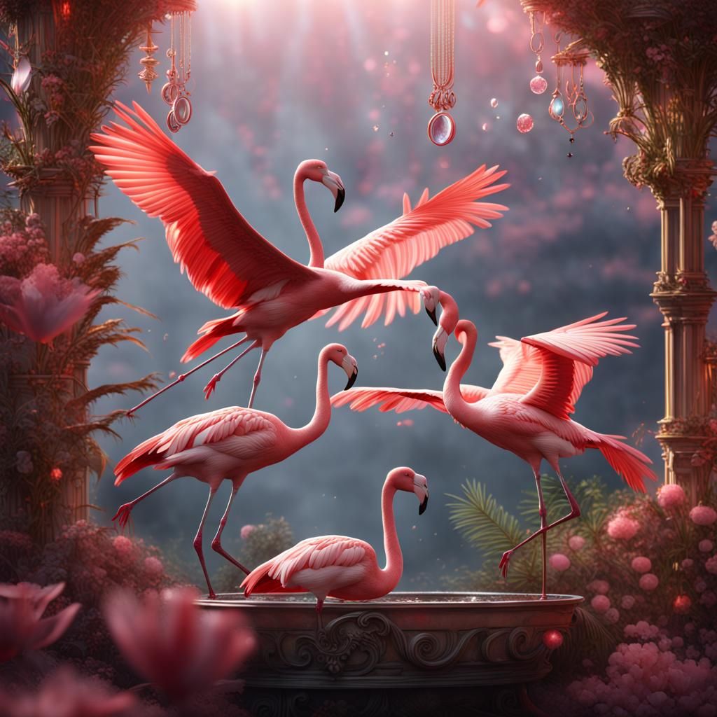 Flamingos in Flight with Jewelry: Detailed Matte Painting