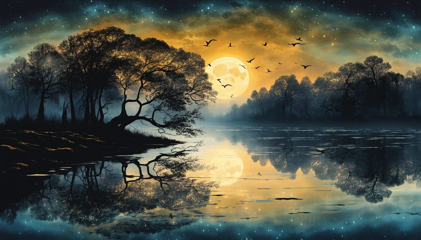 Neo-Romantic Night Sky Reflected in Still Waters