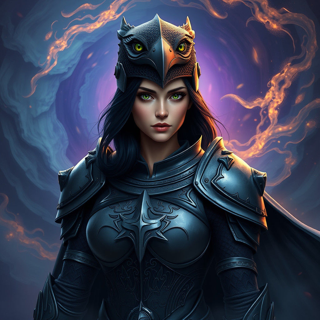 Female Knight in Raven Armor in Mystical Realm