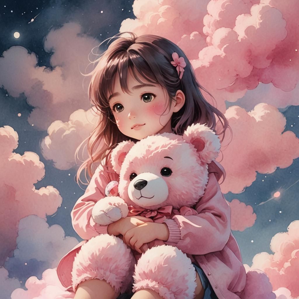 Girl Hugs Teddy Bear on Cloud in Anime Style