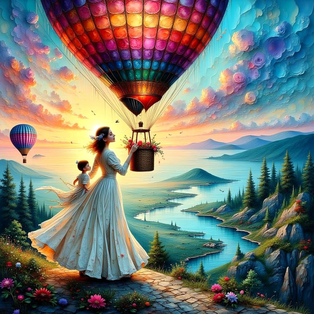 Joyful Balloon Ride at Sunrise as Impasto Painting