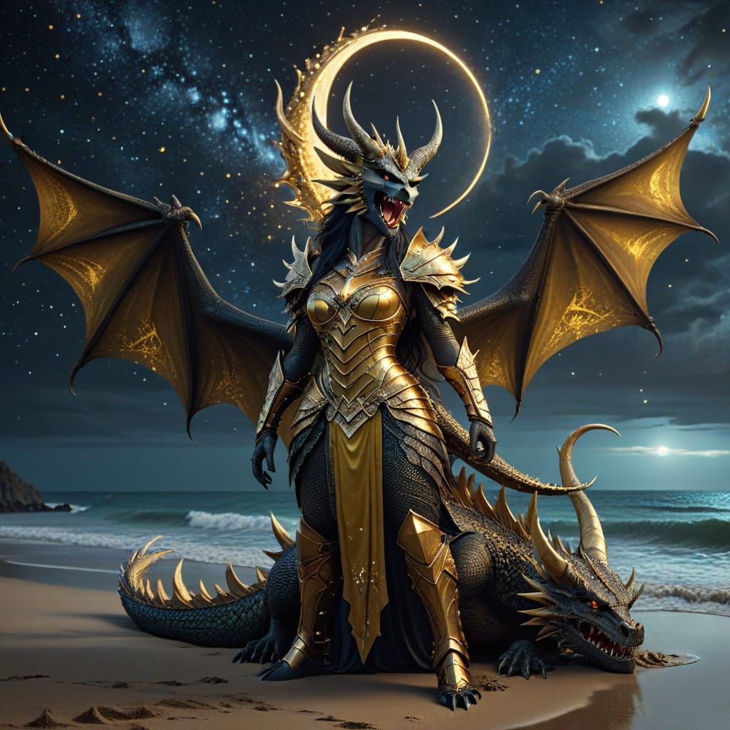 Majestic Dragon Goddess in Golden Armor Prepares for Battle