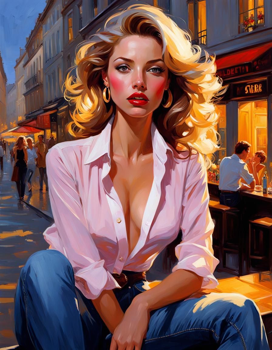 art by Ralph Harsley, a masterpiece of digital painting, a very detailed face, bright lips, painting, beautiful bluse, j...