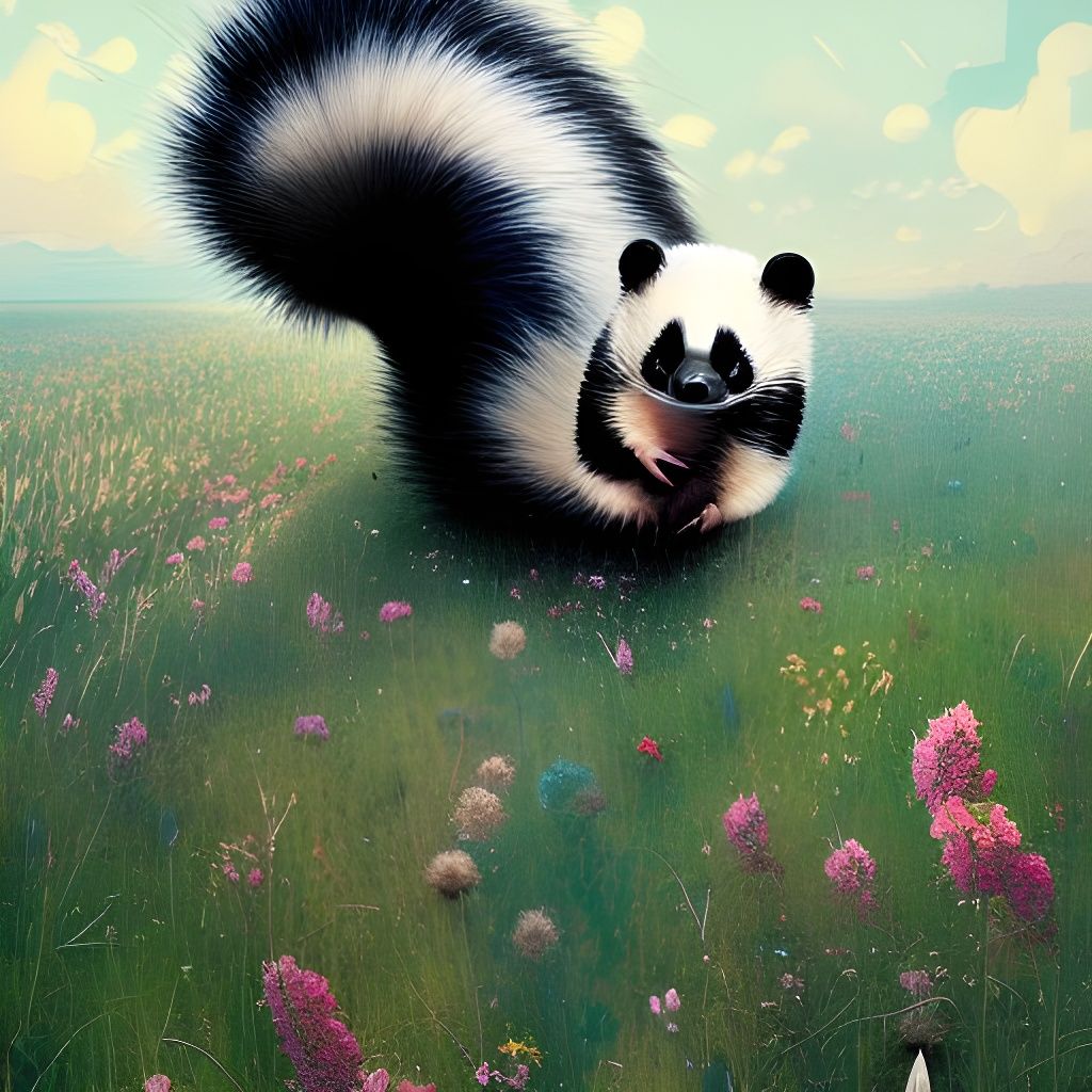 Skunk in Wildflower Meadow, Intricate Digital Painting