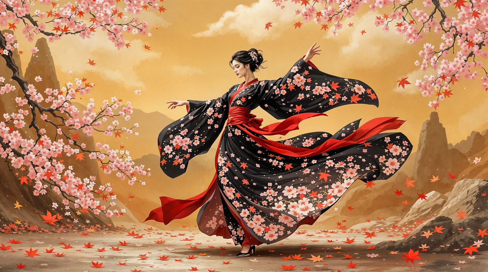 Vibrant Cherry Blossom Dance in Autumnal Impressionism