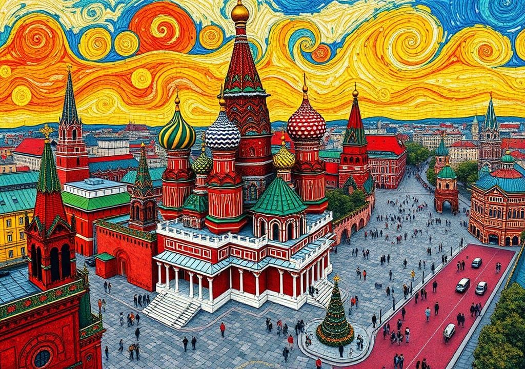 Moscow Cityscape in Van Gogh Pop Art Style