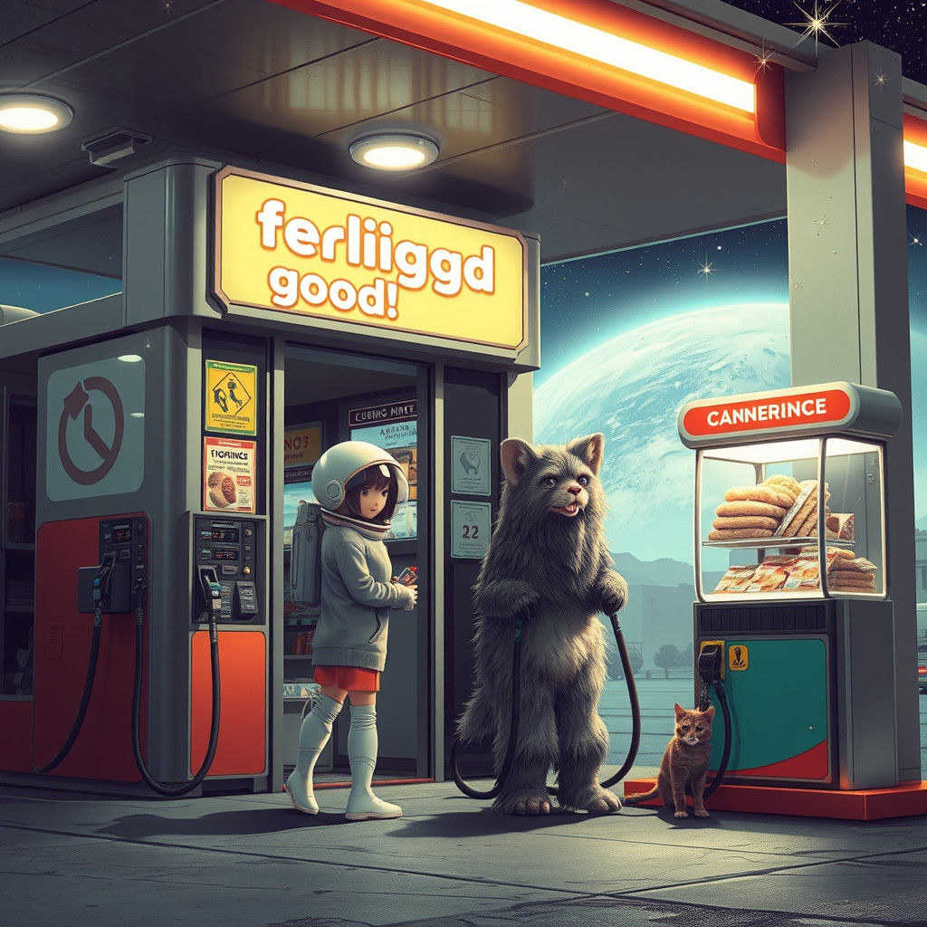 Gas Station in Space with Astronauts and Aliens