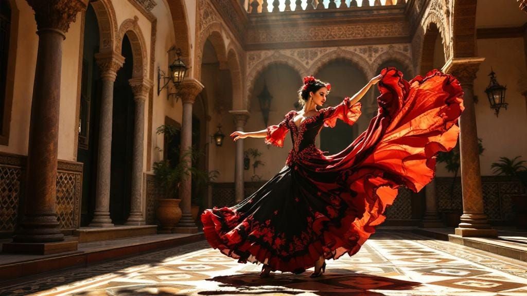 Flamenco Dancer on Cordoba Patio in Hyperrealistic Style