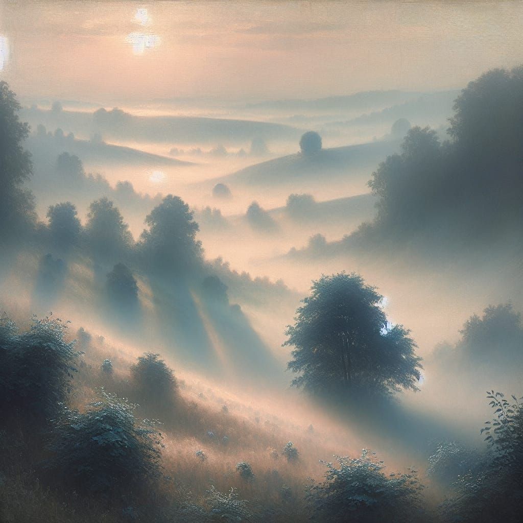 Imagine a serene scene of a misty landscape. The environment...
