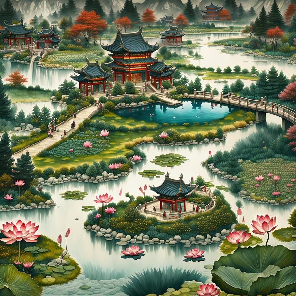 Lotus Garden in Oriental Folk Art Style