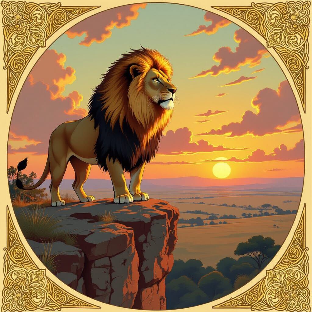 Majestic Lion Overlooking Savanna in Art Nouveau Style