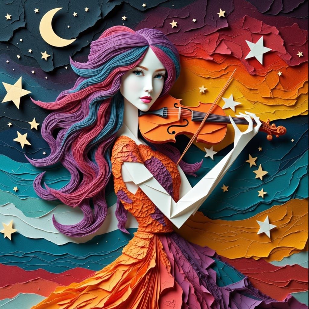 Origami Violinist in Vibrant Starry Sky
