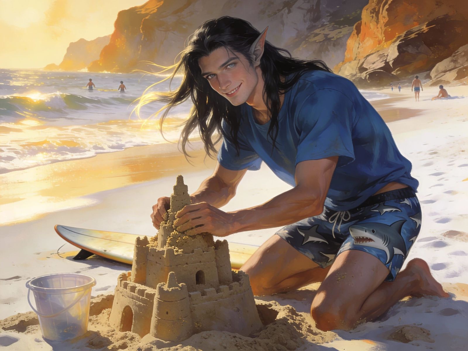 Elf Builds Sandcastle on Warm Beach