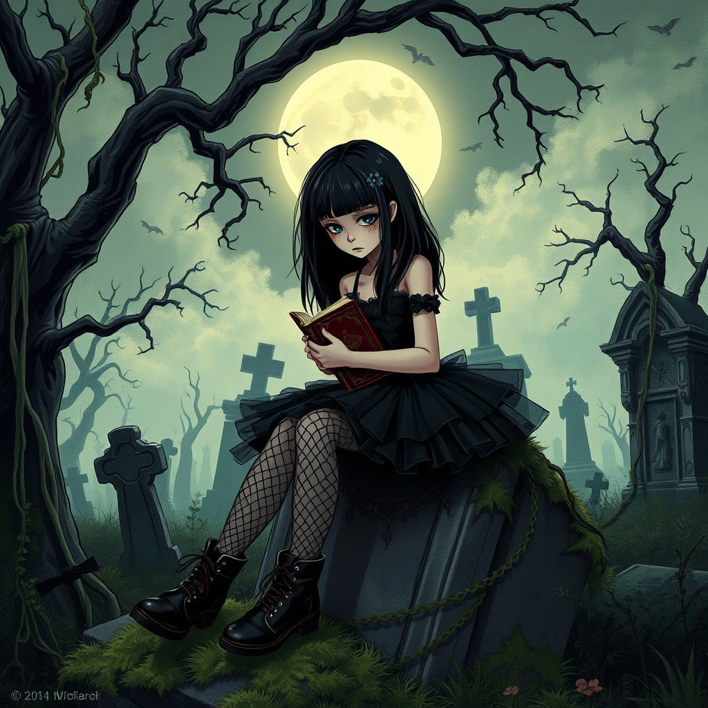 Goth Girl Amidst Moonlit Tombstones in Dark Whimsical Style