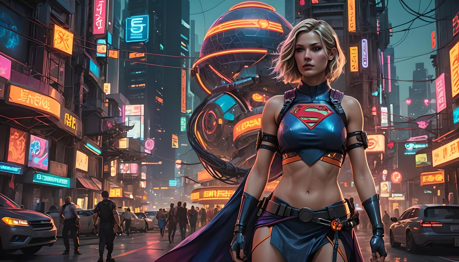 Cyberpunk Supergirl in Neon Cityscape