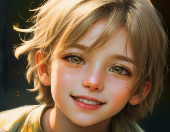 Grunge Oil Painting of Joyful Boy with Golden Aura