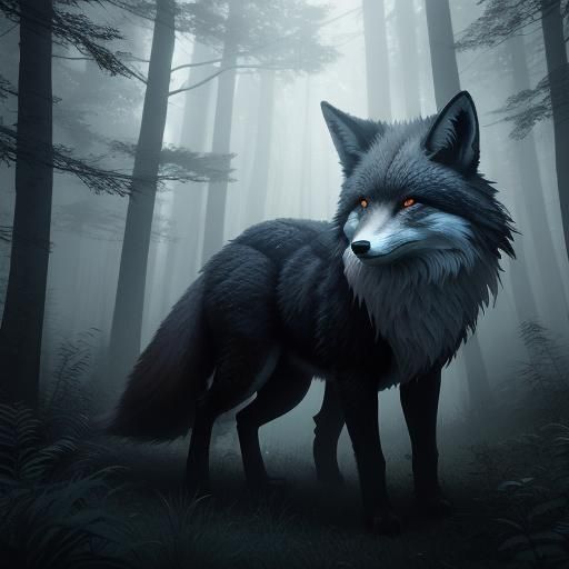 Mystical Fox with Red Eyes in Misty Forest