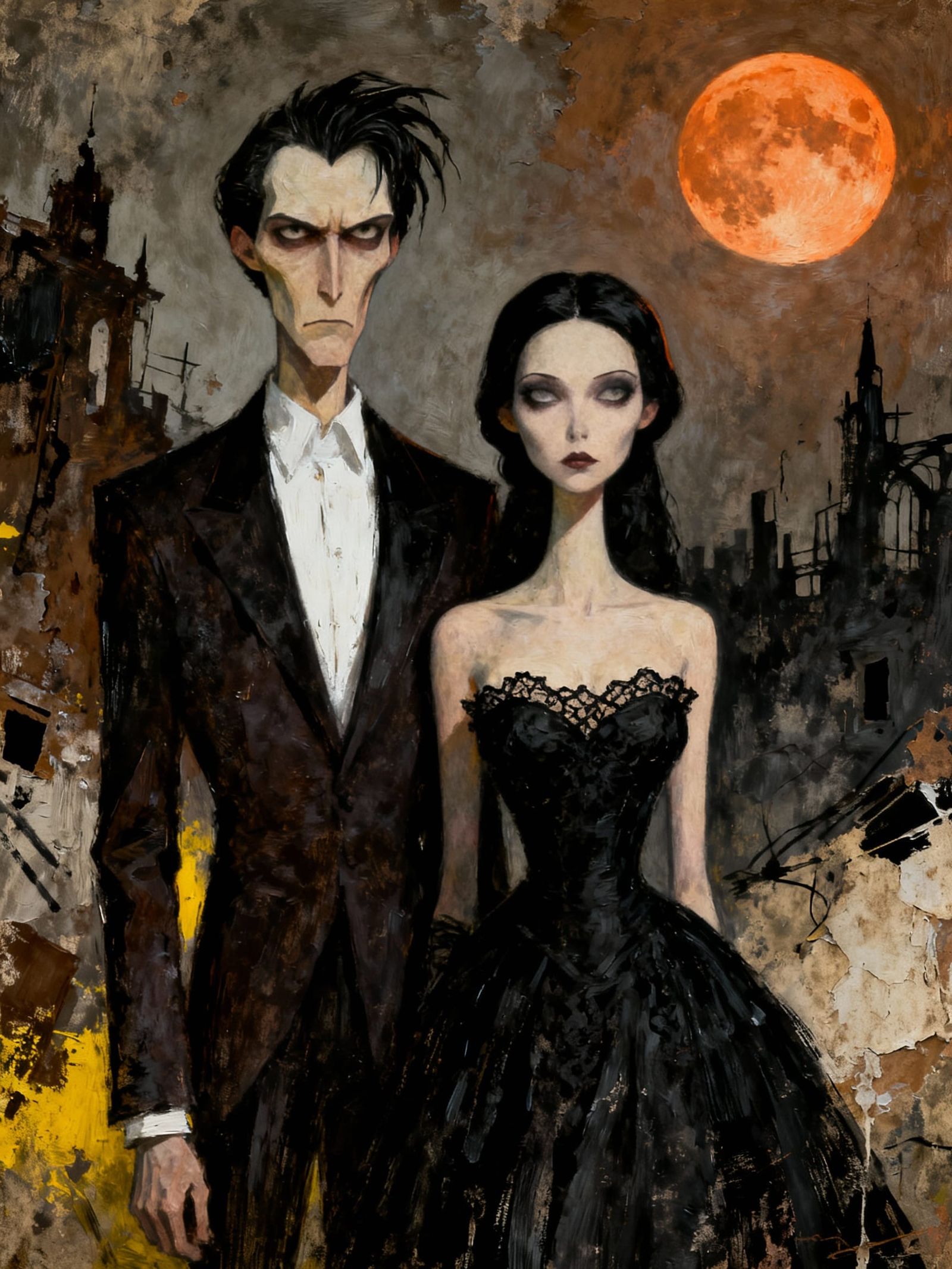 Gothic Couple Beneath Orange Moon