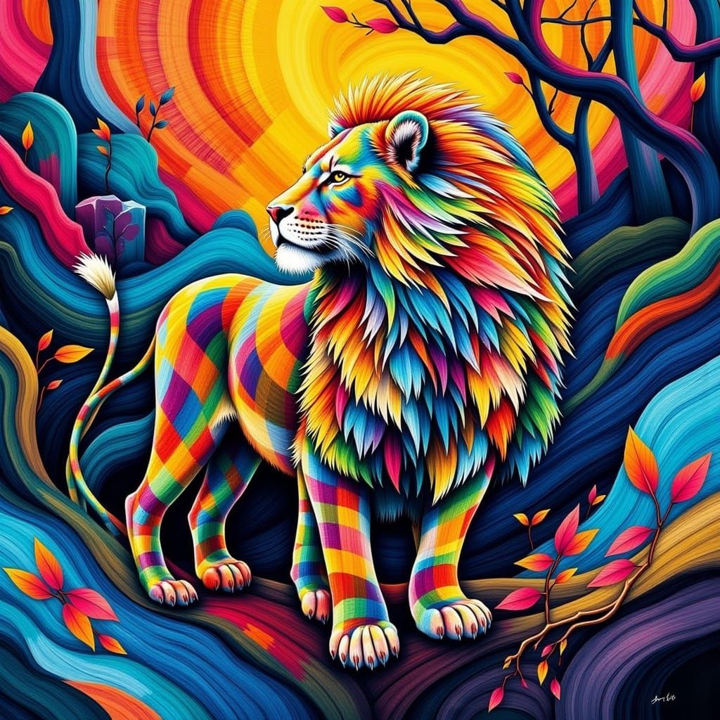 Vibrant Lion Emerges from Kaleidoscope of Colors in Whimsica...