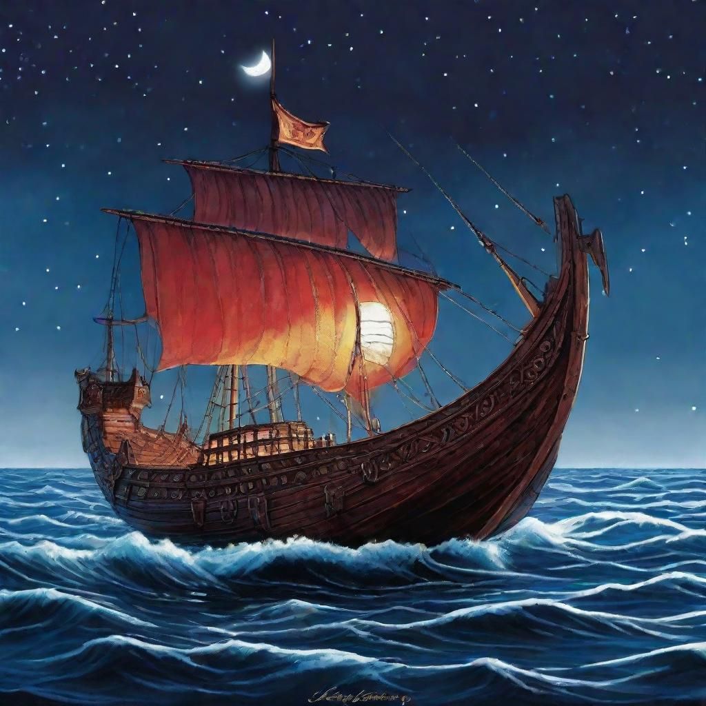 Viking Longship Sails Silently Under Moonlight