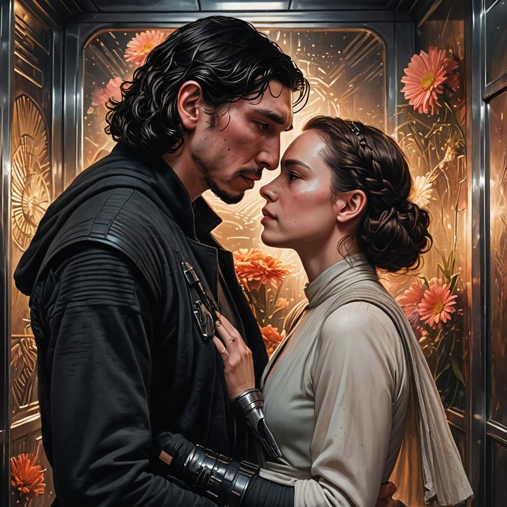 Kylo Ren and Rey Elevator Kiss: Hyperrealistic Digital Art