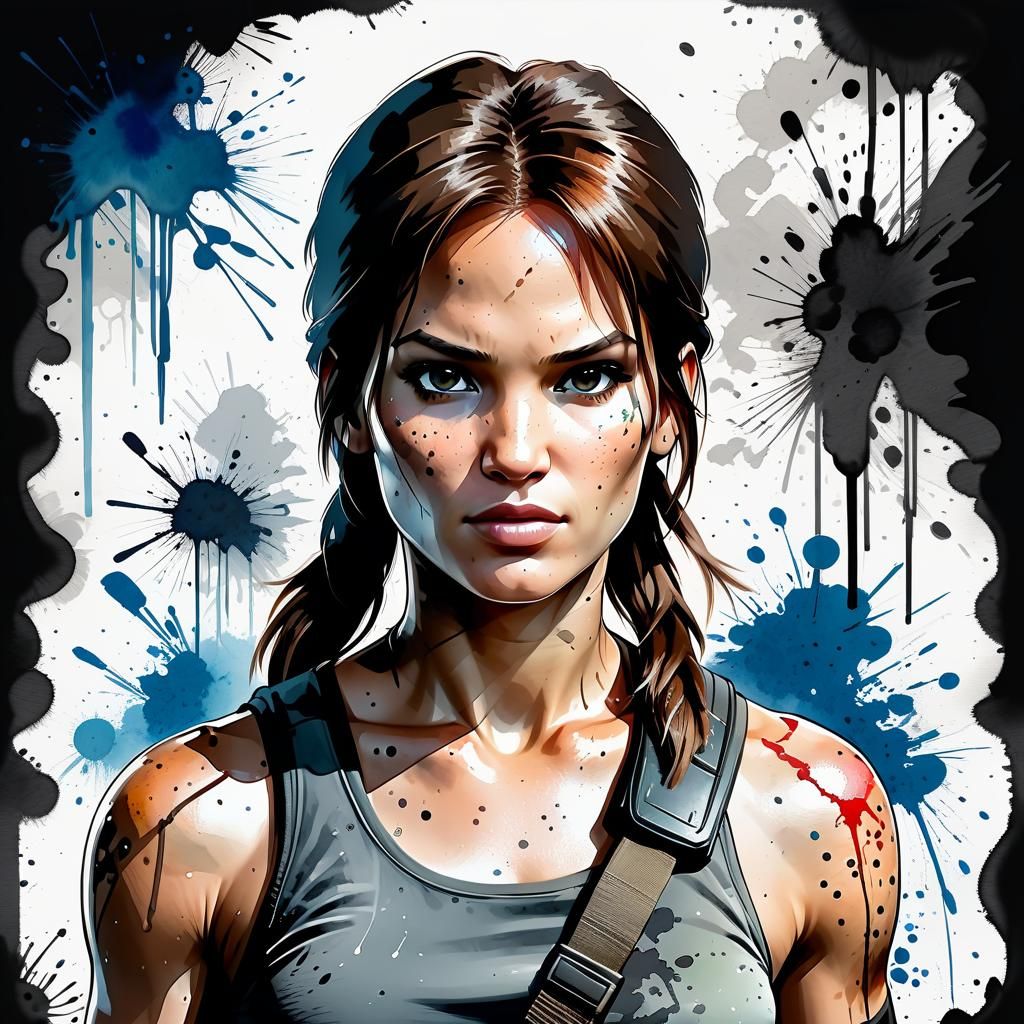 Lara Croft Portrait in Watercolor and Ink Style